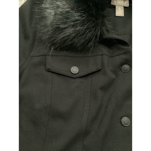 Chico's Black Button Stretch Denim Jacket Removable Faux Fur Collar SZ 3  NWOT - Picture 6 of 9